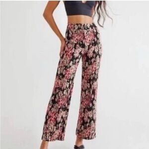 Free People Black and Pink Floral Wide Leg Pants